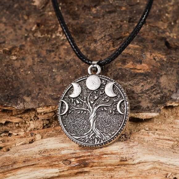 Tree of Life Necklace, Vintage Antique Tree of Life Moon Pendant, Faux Leather C - Picture 3 of 6
